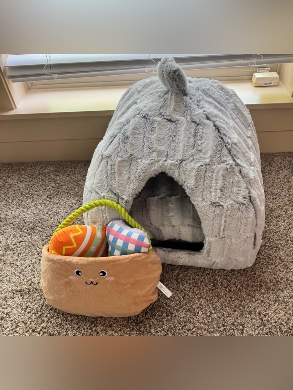 Plush Gray Pet Cat Cave Bed with Easter Toy Basket